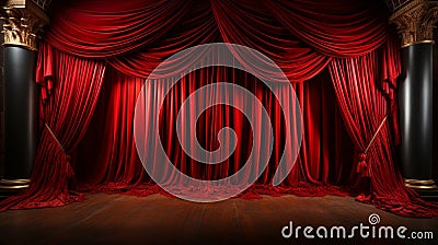 Rich Red Velvet Theatre Curtains and Wooden Stage Floor. Generative AI Stock Photo