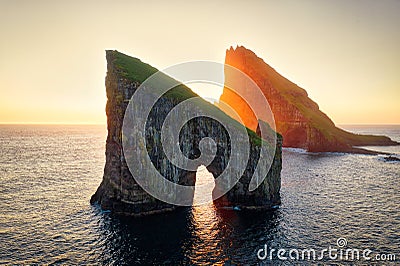 Drangarnir Rocks during Sunset in the Faroe Islands, Denmark Stock Photo