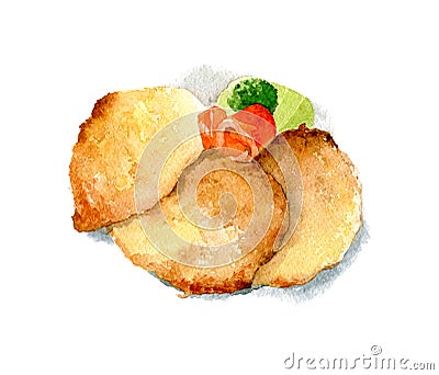 Draniki with salmon. Potato pancakes. Russian national cuisine. Hand drawn watercolor illustration isolated on white Stock Photo