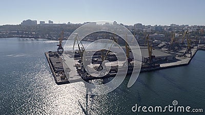 Draufsicht des Geschäftsseepiers mit Behältern und anhebenden Kränen auf Seekai gegen Stadt stock footage Draufsicht des Geschäftsseepiers mit Behältern und anhebenden Kränen auf Seekai gegen Stadt stock footage