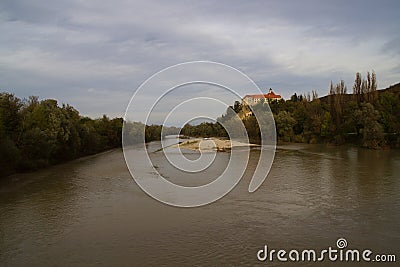 Drava river and Borl castle, Slovenia in autumn Stock Photo