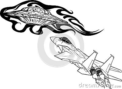 draw in black and white of Battle star space from a ufo and airplane Vector Illustration