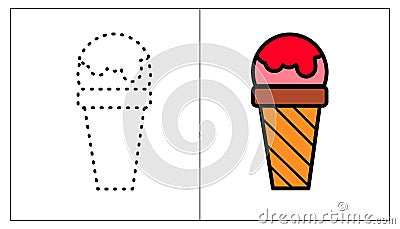 Draw a cat connect the dots. Cartoon Ice cream Waffle cup with ball for educational game for children. Vector Illustration