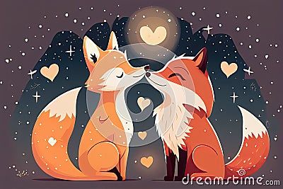 Draw character design depicts fox couple in love with small heart for Valentine's. Cartoon-styled loving animals with hearts Stock Photo