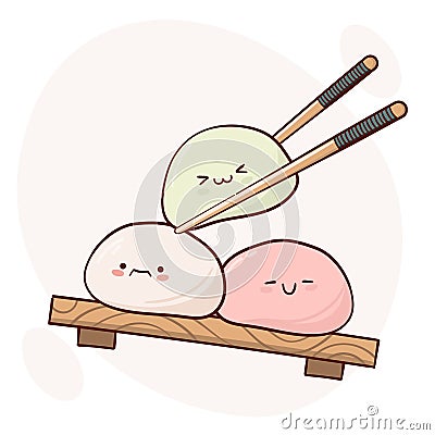 Draw funny kawaii Japan tradition sweet mochi vector illustration. Japanese asian traditional food, cooking, menu concept. Cartoon Illustration