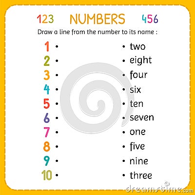 Draw a line from the number to its name. Numbers for kids. Worksheet for kindergarten and preschool. Training to write and count n Vector Illustration