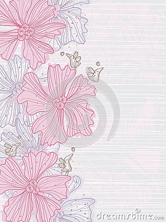 Draw Lines Flower Bird Side Card_eps Vector Illustration