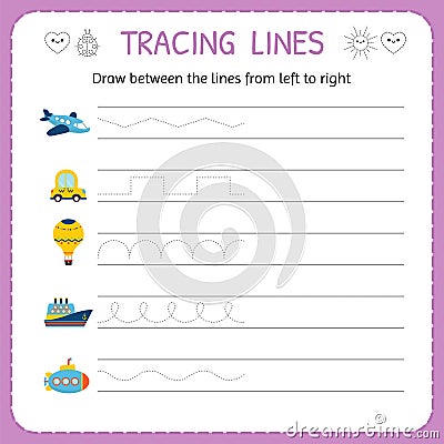 Draw between the lines from left to right. Preschool, kindergarten worksheet for practicing motor skills. Trace line worksheet for Vector Illustration