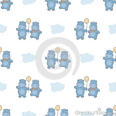 Draw seamless background with little hippopotamus. Vector Illustration