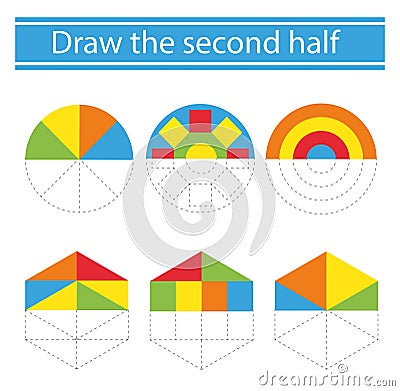 Draw the second half. Preschool worksheet for practicing fine motor skills. Coloring book.Vector Cartoon Illustration