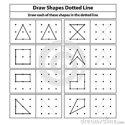 Draw shapes dotted line exercise. Dots grid background. Square graph. Vector Illustration