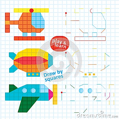 Draw by Squares Airplane Transport Art Kid Game Vector Illustration