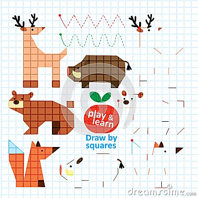 Draw by Squares Forest Wild Animals Art Kid Game Vector Illustration