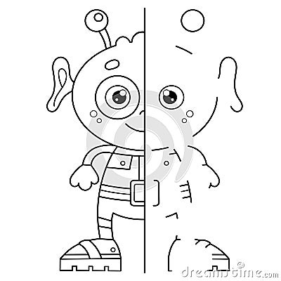 Draw symmetrically. Coloring Page Outline Of Cartoon little alien. Coloring book for kids Vector Illustration