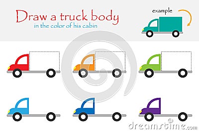 Draw a truck body in the color of his cabin for children, preschool worksheet activity for kids, task for the development of Stock Photo