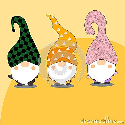 Draw vector illustration banner design cute three gnomes style Japanese. Anime. Vector Illustration