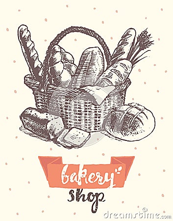 Draw vintage vector basket fresh bread bakery shop Vector Illustration
