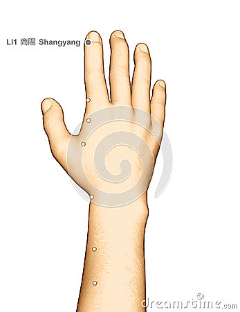Drawing Acupuncture Point LI1 Shangyang, 3D Illustration Stock Photo