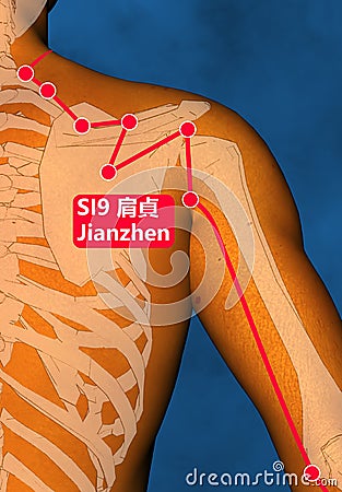 Drawing Acupuncture Point SI9 Jianzhen, 3D Illustration, Blue Background Stock Photo