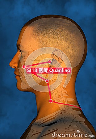 Drawing Acupuncture Point SI18 Quanliao-acu2021, 3D Illustration, Blue Background Stock Photo