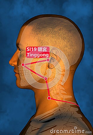 Drawing Acupuncture Point SI19 Tinggong-acu2021, 3D Illustration, Blue Background Stock Photo