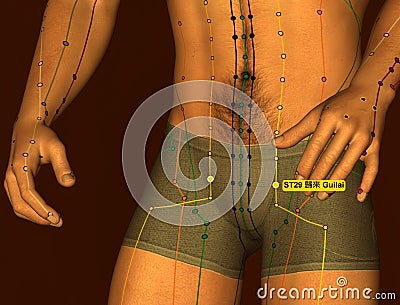 Drawing Acupuncture Point ST29 Guilai, 3D Illustration, Brown Ba Stock Photo