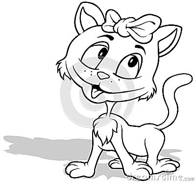 Drawing of an Adorable Kitten with a Bow on her Head Vector Illustration