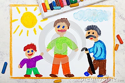 Drawing: Aging process and life cycle. A child, an adult and an elderly person Stock Photo