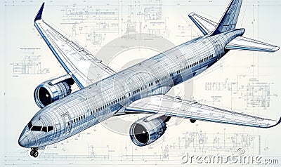 Photo of an intricately detailed airplane sketch on a blueprint backdrop Stock Photo