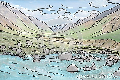 Drawing of Alpine valley mountain stream vector and stones, hyper real photo painting vector effect Vector Illustration