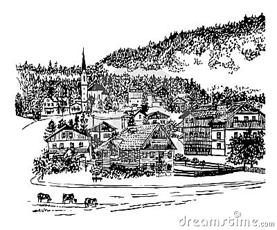 Drawing Alpine village in Tyrol hand drawn illustration Vector Illustration