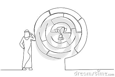 Drawing of arab businessman finding the way in labyrinth to reach path to success. Continuous line art Vector Illustration