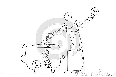 Drawing of arab muslim businesswoman putting light bulb into a piggy bank concept of good business idea. Continuous line art Vector Illustration