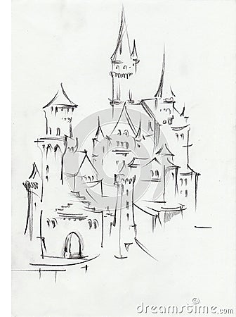 Drawing of architectural structures of the medieval fairy-tale castle in the mountains of Germany . Cityscape sketch handmade . Stock Photo