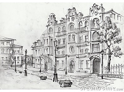 Drawing of architectural structures of the old city executed from life . Historical building in the center of Kiev . Cityscape ske Stock Photo