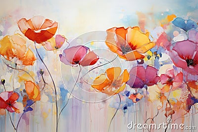 Poppy summer illustration spring background floral watercolor flower painting red nature art Stock Photo