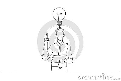 Drawing of astonish businessman finally found a solution how to make exercise having raised pen and notebook in hands. Continuous Vector Illustration