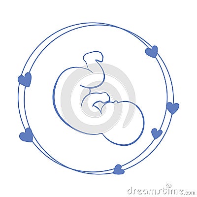 Drawing of a baby in a circle with hearts around it. Newborn baby icon, postcard Vector Illustration