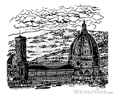 Drawing background landscape view of the Duomo, the Cathedral of Santa Maria del Fiore in Florence, sk Vector Illustration