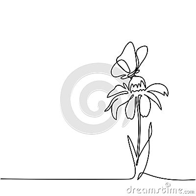 Drawing of beautiful flower with butterfly Vector Illustration