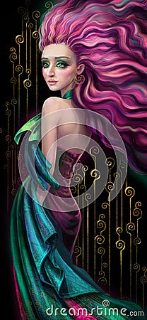 drawing of a beautiful girl with wavy pink hair with a hint of art deco style. from the back. turquoise dress, silk Stock Photo