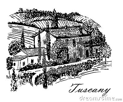 Drawing beautiful landscape of Tuscany fields with the beautiful manor house on the hill hand drawn illustration Vector Illustration