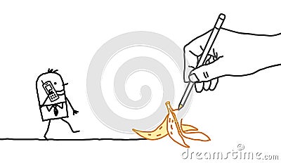 Drawing big hand and cartoon businessman - banana peel Vector Illustration