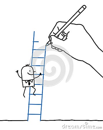 Drawing big hand and cartoon businessman - climbing up Vector Illustration