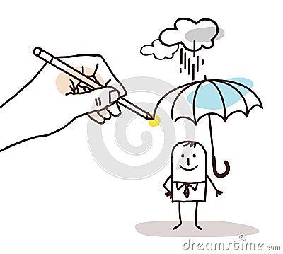 Drawing Big Hand - Cartoon Man with Umbrella Vector Illustration