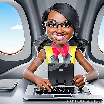 Drawing of black skinned businesswoman with computer for traveling by plane Stock Photo