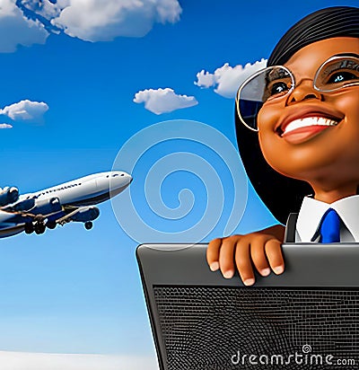 Drawing of black skinned businesswoman with computer for traveling by plane Stock Photo