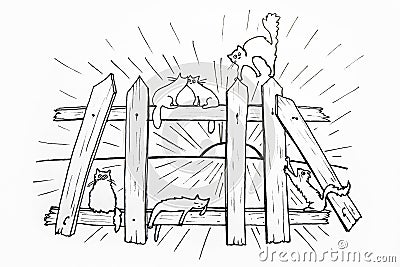 Drawing black and white of a group of cats that sit on a fence at sunrise Stock Photo