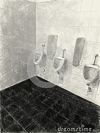 Drawing black and white of urinals in toilet room Stock Photo