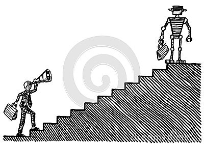Drawn Business Man Looking At Robot Atop Stairs Stock Photo